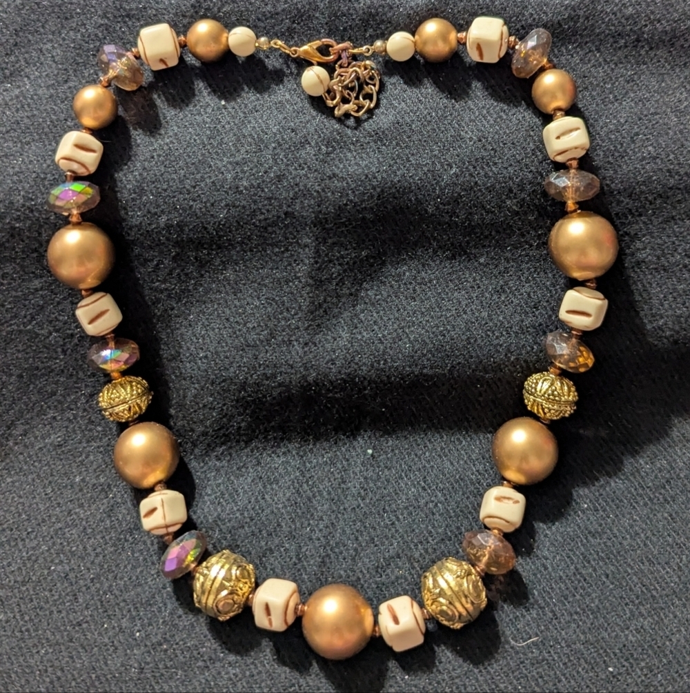 Gold Tone Cream And Purple Beaded Chunky Statement Necklace